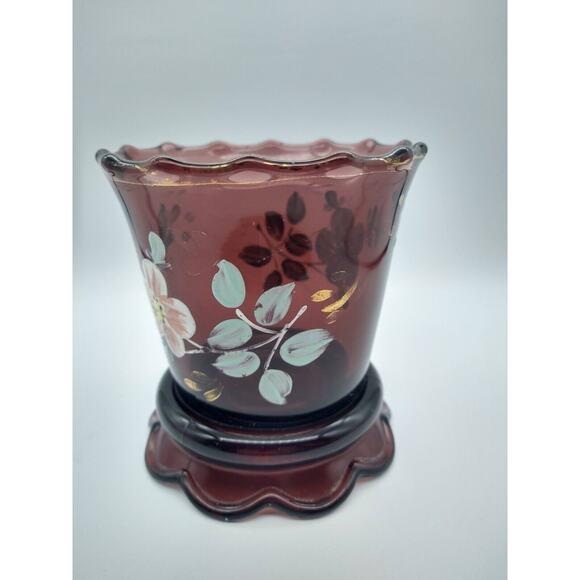 Vintage Amethyst Glass Vase 4” Hand Painted Floral Gold Trim Wear - Picture 5 of 11